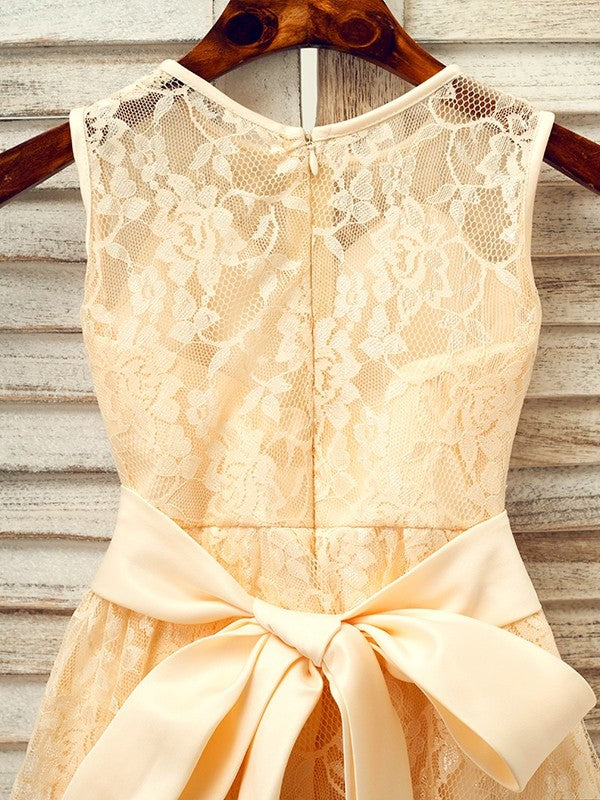 Sleeveless Lace Tea-Length Scoop A-Line/Princess Sash/Ribbon/Belt Flower Girl Dresses