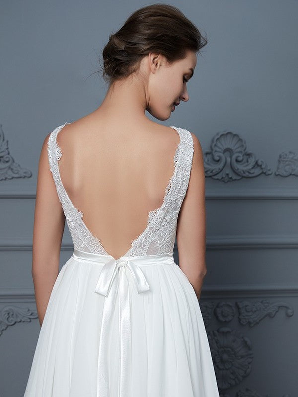 Ruffles Sleeveless A-Line/Princess Scoop Floor-Length Chiffon Wedding Dresses
