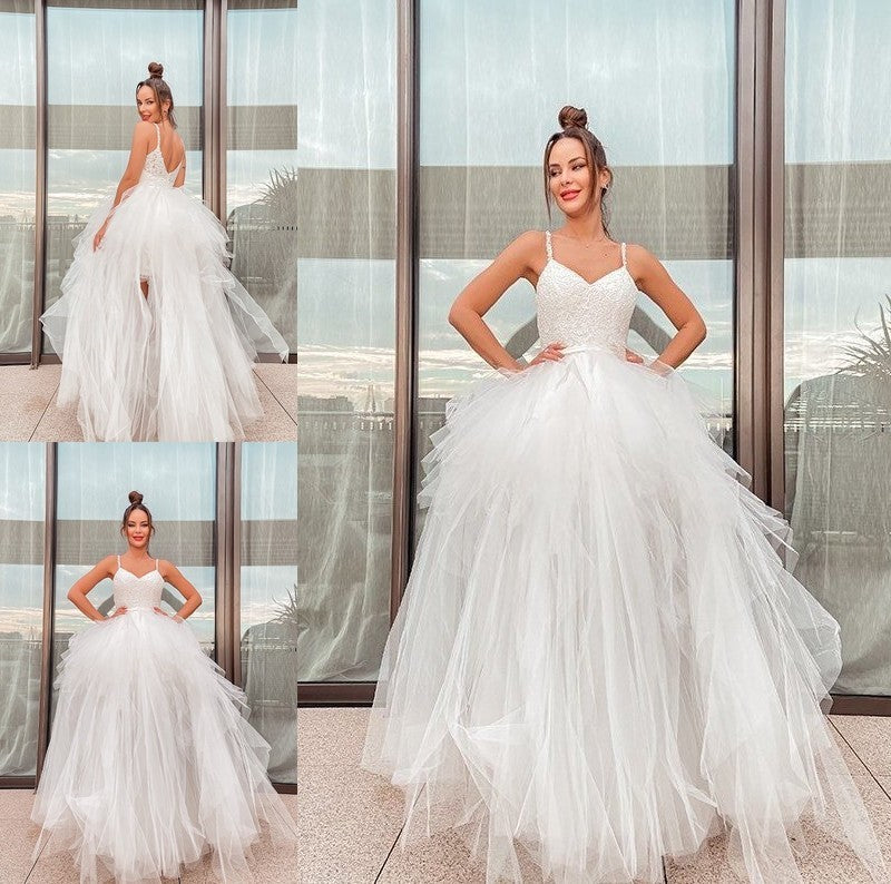 Sleeveless A-Line/Princess Tulle V-neck Ruched Floor-Length Wedding Dresses