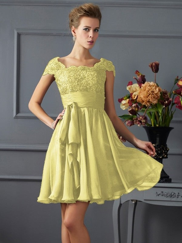Scoop A-Line/Princess Lace Short Short Sleeves Chiffon Bridesmaid Dresses