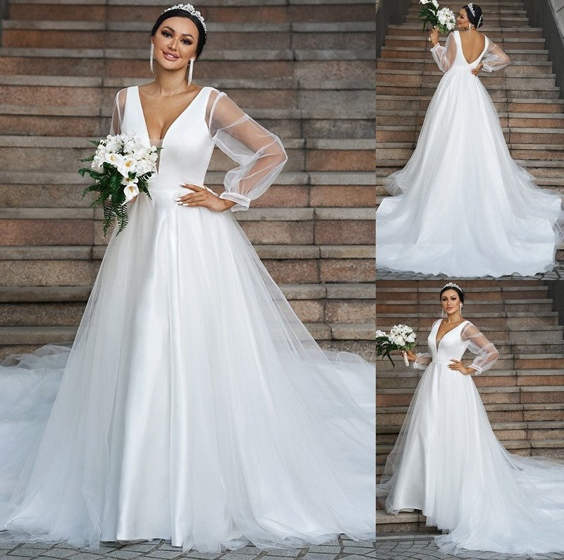 Long A-Line/Princess V-neck Sleeves Tulle Court Ruffles Train Wedding Dresses