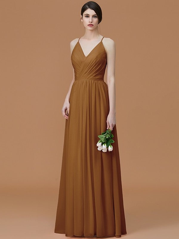 Straps Sleeveless A-Line/Princess Ruched Spaghetti Floor-Length Chiffon Bridesmaid Dresses