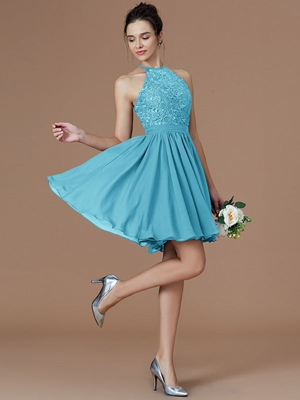 Sleeveless Short/Mini Halter Lace A-Line/Princess Chiffon Bridesmaid Dresses