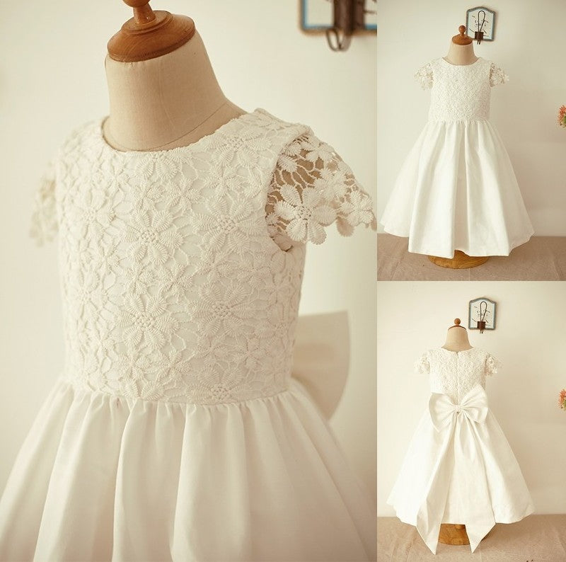 Short Sleeves Scoop A-Line/Princess Knee-Length Lace Bowknot Flower Girl Dresses