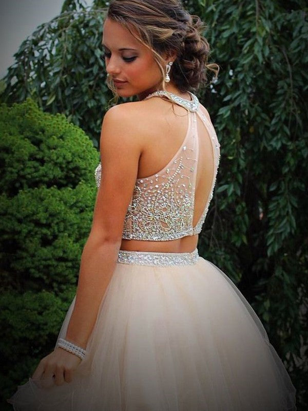 A-Line Princess Scoop Homecoming Dresses Charlee Beading Sleeveless Short Tulle Two Piece