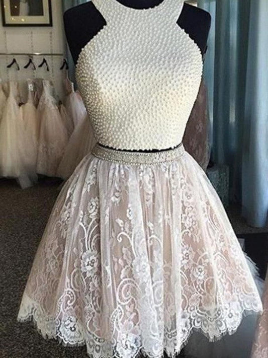 A-Line Princess Sleeveless Camryn Homecoming Dresses Lace Halter Pearls Short Two Piece